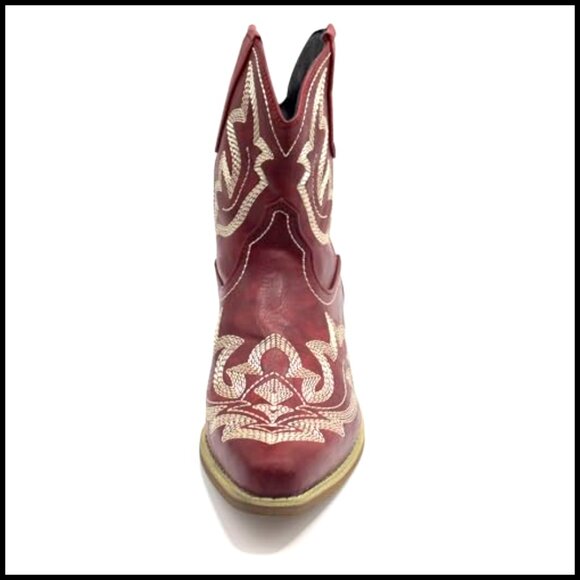 Women's Ankle Booties Pointed Toe Low Chunky Heel Embroidered Western - Picture 6 of 7